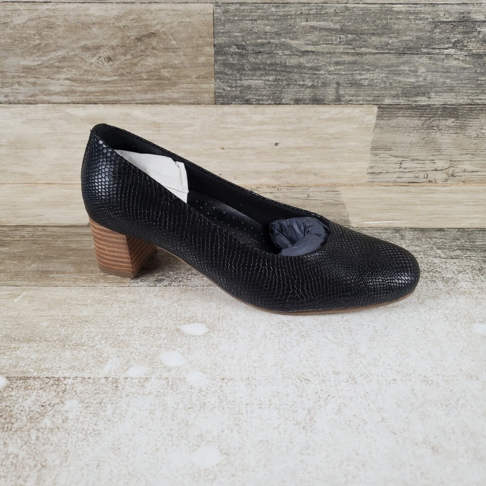 Trotters Daria Womens Pumps Sz 6.5 W Black Snake Leather Square Toe Block Heel
